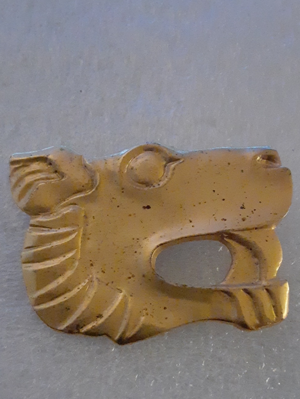 Vintage Carved Animal Face Accent - Brass Tone Brooch